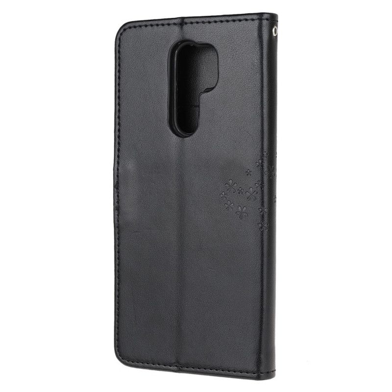 Leren Hoesje Xiaomi Redmi 9 Grijs Zwart Boom En String Uilen