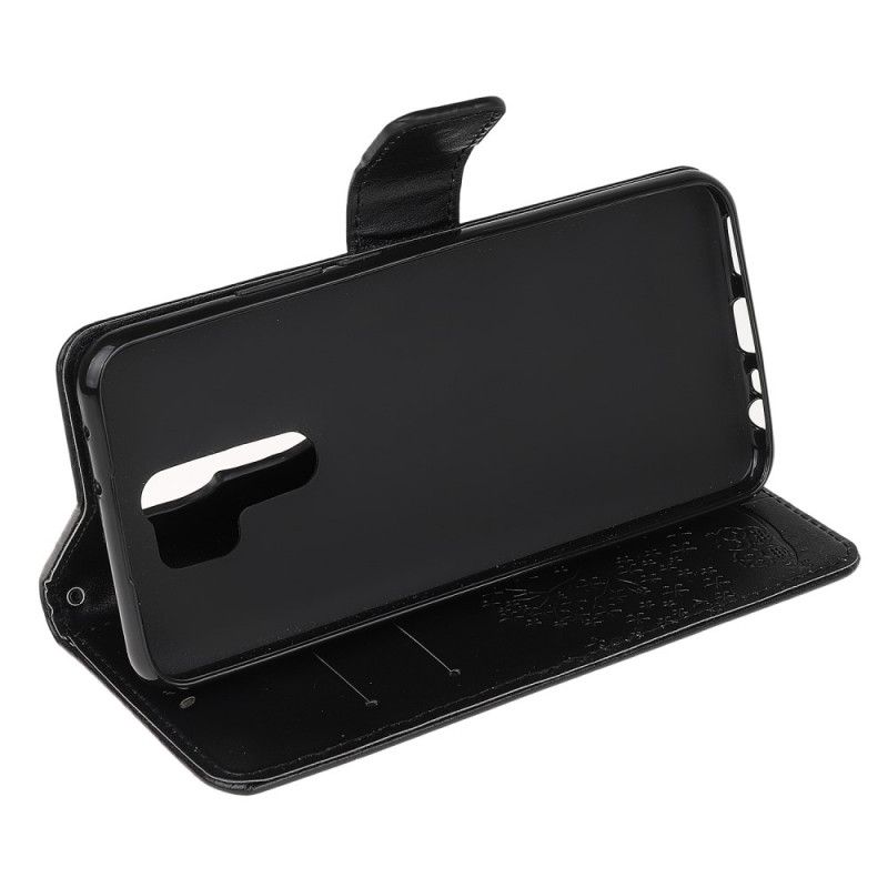 Leren Hoesje Xiaomi Redmi 9 Grijs Zwart Boom En String Uilen
