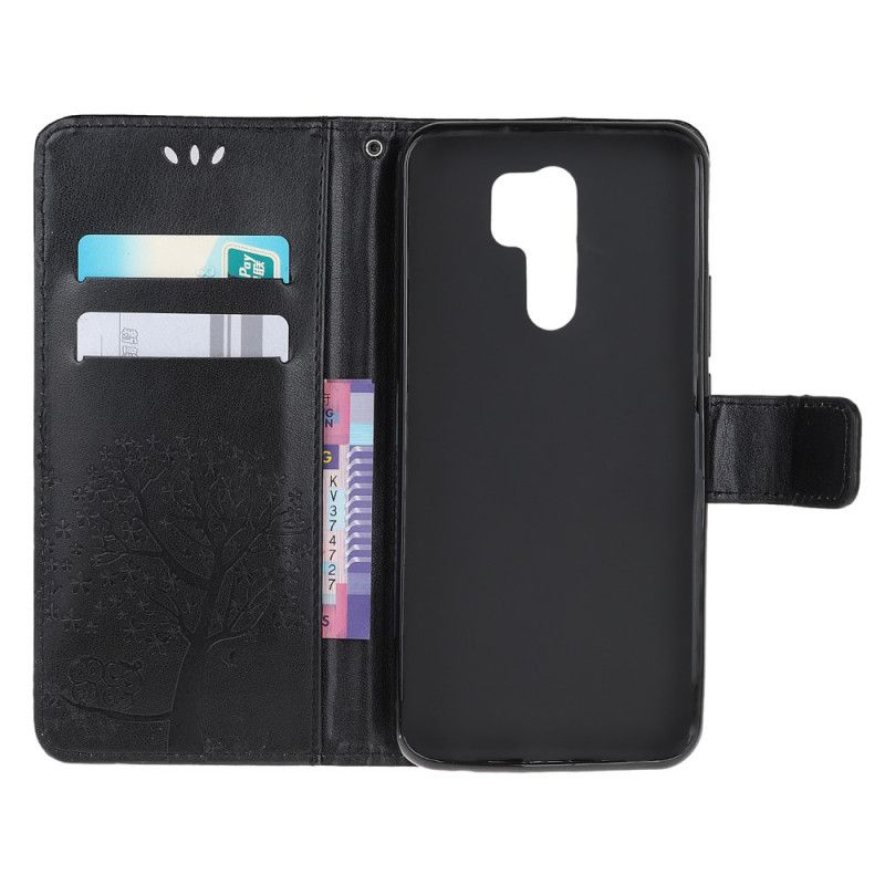 Leren Hoesje Xiaomi Redmi 9 Grijs Zwart Boom En String Uilen