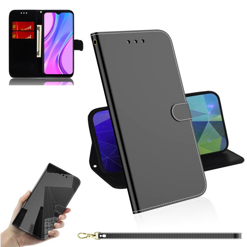 Leren Hoesje Xiaomi Redmi 9 Magenta Zwart Telefoonhoesje Spiegelkap Van Imitatieleer