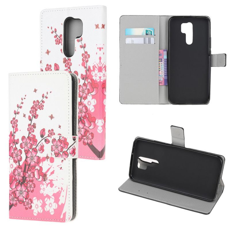 Leren Hoesje Xiaomi Redmi 9 Roze Magenta Tropische Bloemen
