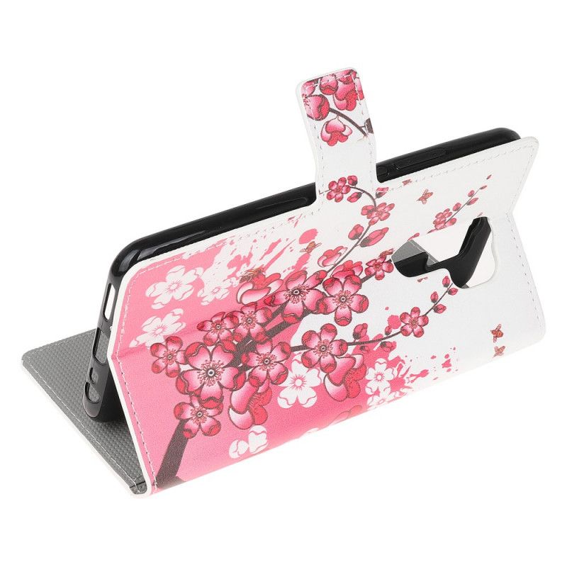 Leren Hoesje Xiaomi Redmi 9 Roze Magenta Tropische Bloemen