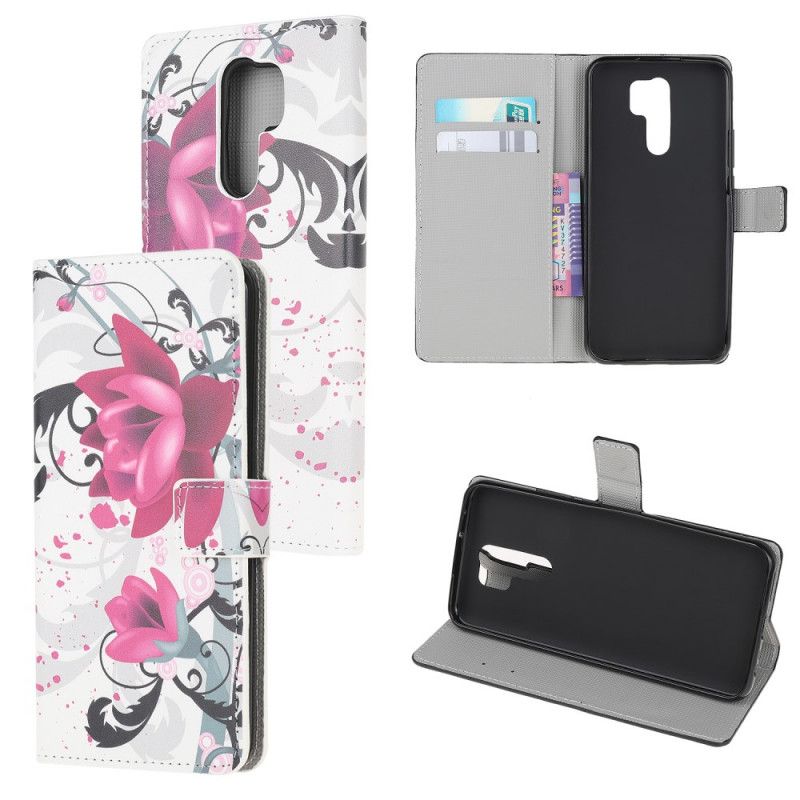 Leren Hoesje Xiaomi Redmi 9 Roze Magenta Tropische Bloemen