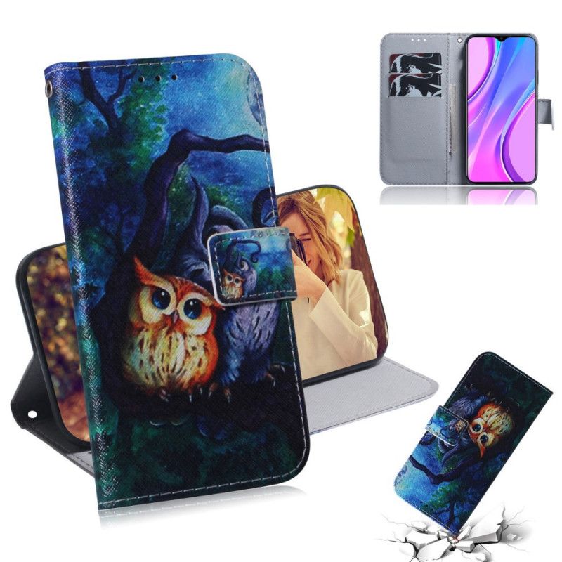 Leren Hoesje Xiaomi Redmi 9 Telefoonhoesje Uil Schilderij