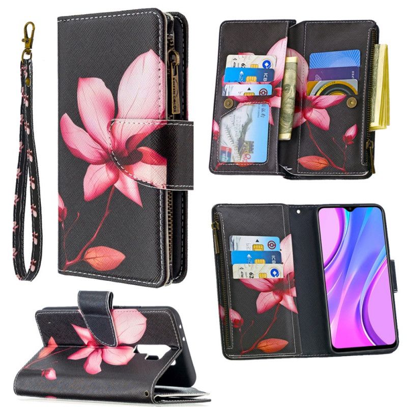 Leren Hoesje Xiaomi Redmi 9 Wit Zwart Bloemenzak Met Ritssluiting