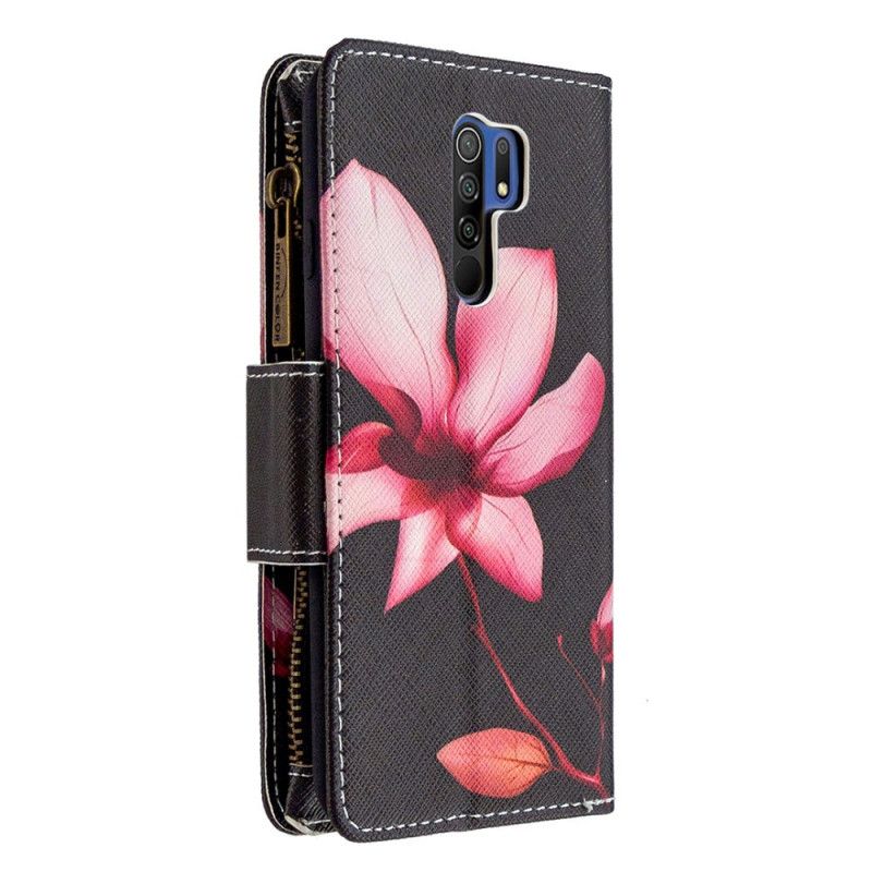 Leren Hoesje Xiaomi Redmi 9 Wit Zwart Bloemenzak Met Ritssluiting