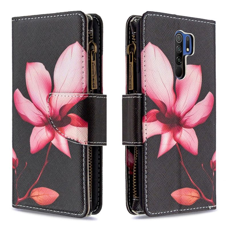 Leren Hoesje Xiaomi Redmi 9 Wit Zwart Bloemenzak Met Ritssluiting