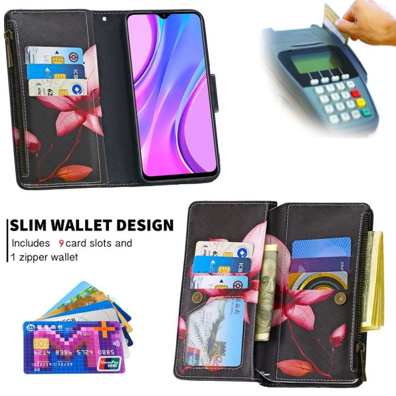 Leren Hoesje Xiaomi Redmi 9 Wit Zwart Bloemenzak Met Ritssluiting