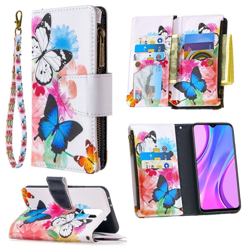 Leren Hoesje Xiaomi Redmi 9 Wit Zwart Telefoonhoesje Vlindervak Met Ritssluiting