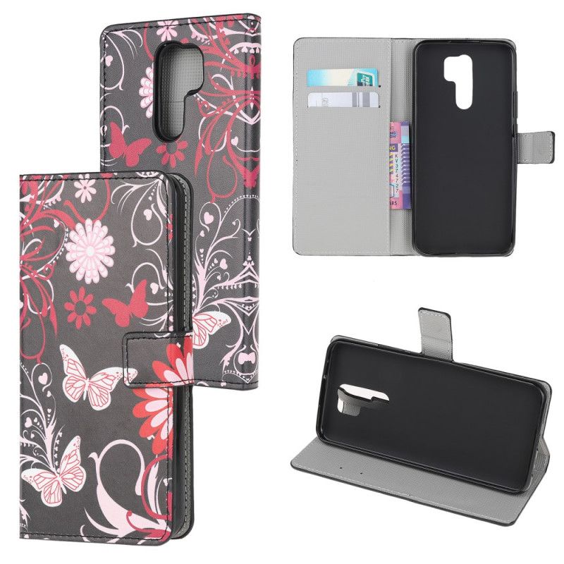 Leren Hoesje Xiaomi Redmi 9 Wit Zwart Vlinders En Bloemen