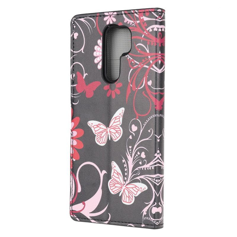 Leren Hoesje Xiaomi Redmi 9 Wit Zwart Vlinders En Bloemen