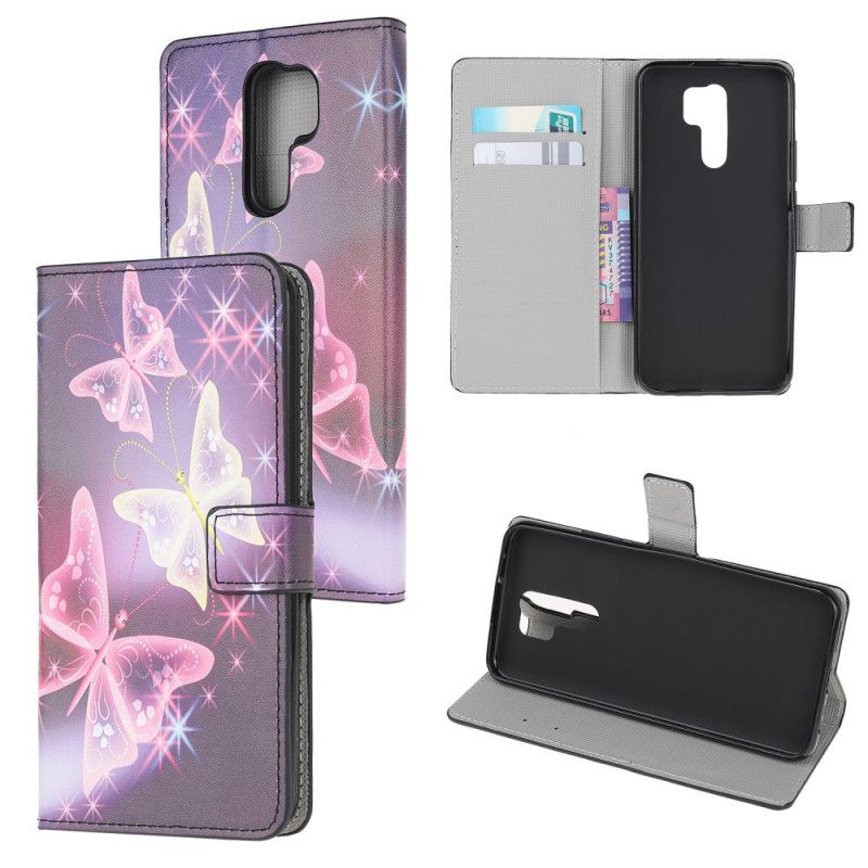 Leren Hoesje Xiaomi Redmi 9 Wit Zwart Vlinders En Bloemen