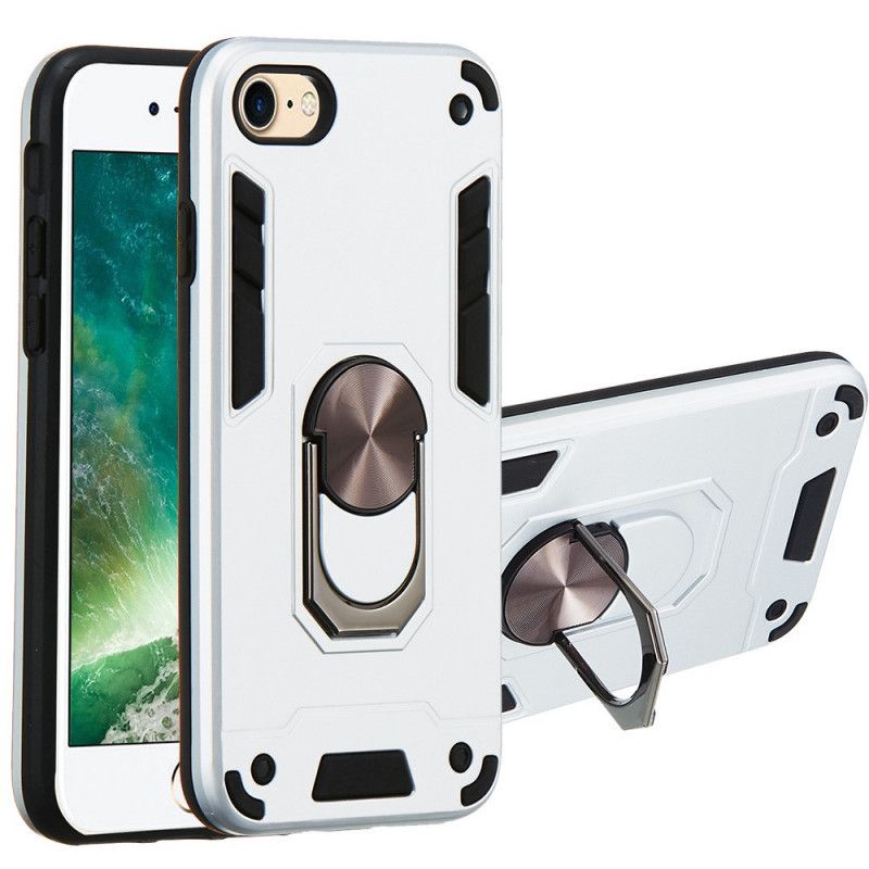 Cover Hoesje iPhone 7 / 8 / SE 2 Wit Zwart Telefoonhoesje Afneembare Metalen Ringsteun