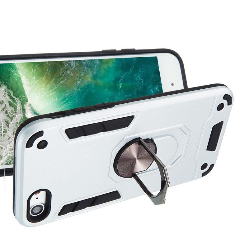 Cover Hoesje iPhone 7 / 8 / SE 2 Wit Zwart Telefoonhoesje Afneembare Metalen Ringsteun