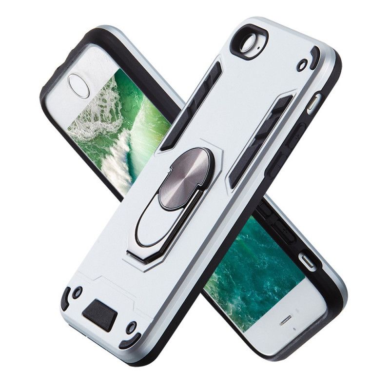 Cover Hoesje iPhone 7 / 8 / SE 2 Wit Zwart Telefoonhoesje Afneembare Metalen Ringsteun