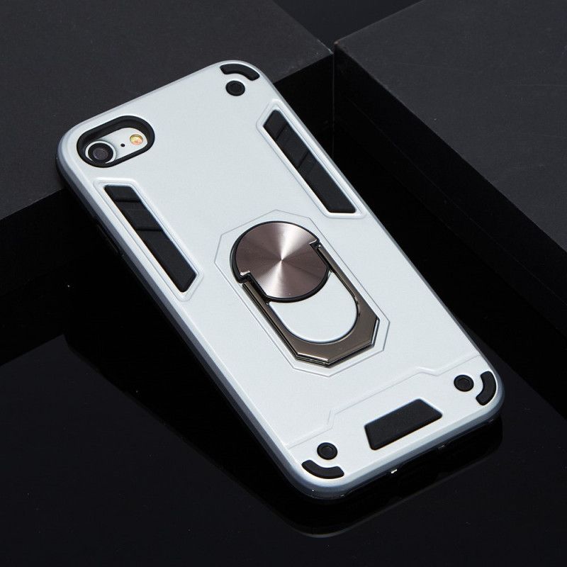 Cover Hoesje iPhone 7 / 8 / SE 2 Wit Zwart Telefoonhoesje Afneembare Metalen Ringsteun