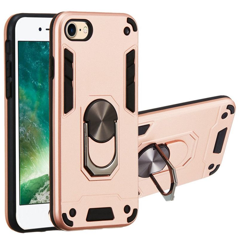 Cover Hoesje iPhone 7 / 8 / SE 2 Wit Zwart Telefoonhoesje Afneembare Metalen Ringsteun