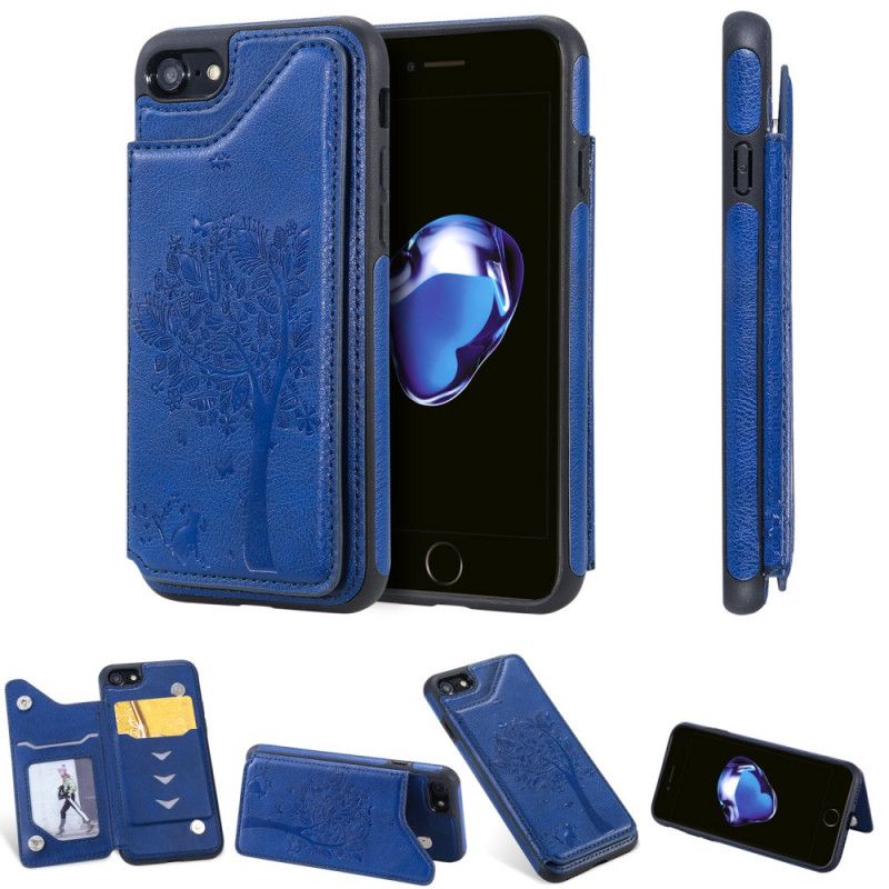 Hoesje iPhone 7 / 8 / SE 2 Rood Zwart Kaarthouder Met Kattenprint