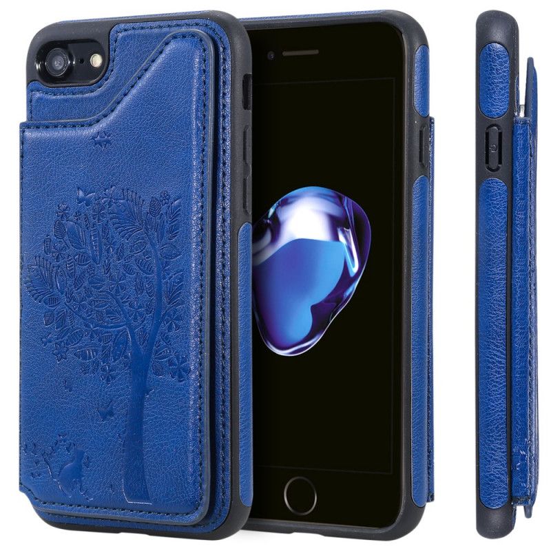 Hoesje iPhone 7 / 8 / SE 2 Rood Zwart Kaarthouder Met Kattenprint