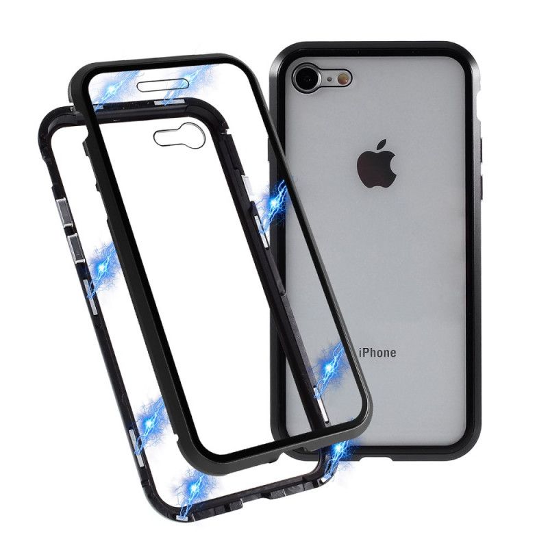 Hoesje iPhone 7 / 8 / SE 2 Rood Zwart Randen Van Metaal En Gehard Glas