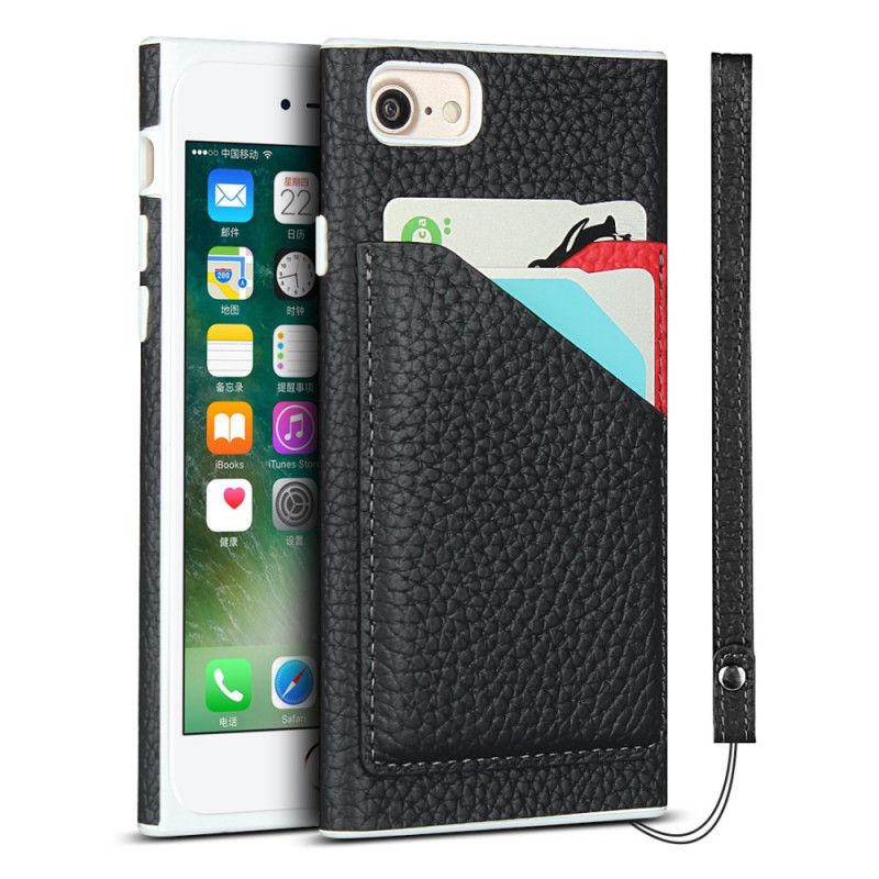 Hoesje voor iPhone 7 / 8 / SE 2 Grijs Zwart Echt Lychee Leer Met Riem