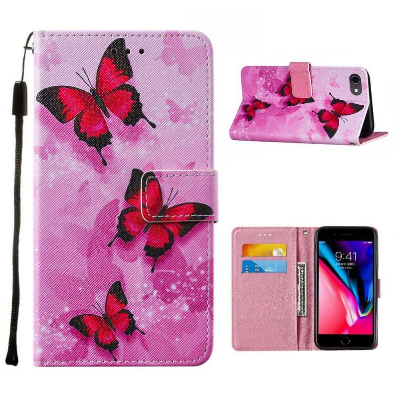 Leren Hoesje iPhone 7 / 8 / SE 2 Paars Magenta Vlinders Van Gestructureerd Imitatieleer