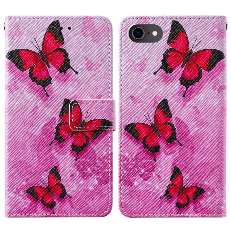 Leren Hoesje iPhone 7 / 8 / SE 2 Paars Magenta Vlinders Van Gestructureerd Imitatieleer