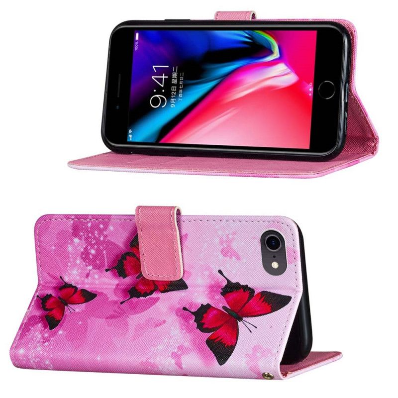 Leren Hoesje iPhone 7 / 8 / SE 2 Paars Magenta Vlinders Van Gestructureerd Imitatieleer