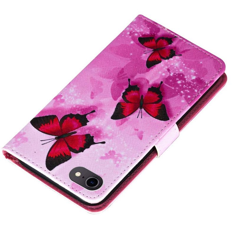 Leren Hoesje iPhone 7 / 8 / SE 2 Paars Magenta Vlinders Van Gestructureerd Imitatieleer