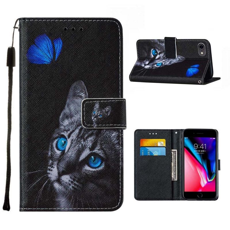 Leren Hoesje iPhone 7 / 8 / SE 2 Telefoonhoesje Kat En Blauwe Vlinder