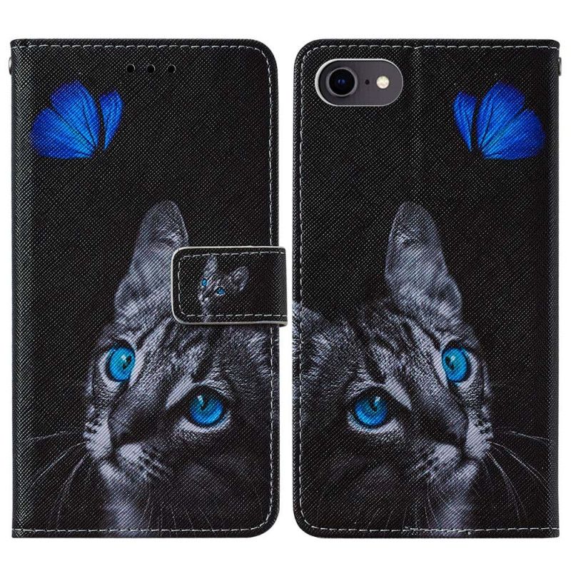 Leren Hoesje iPhone 7 / 8 / SE 2 Telefoonhoesje Kat En Blauwe Vlinder
