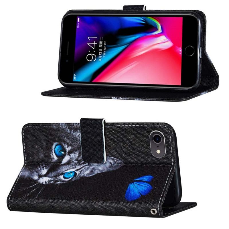 Leren Hoesje iPhone 7 / 8 / SE 2 Telefoonhoesje Kat En Blauwe Vlinder