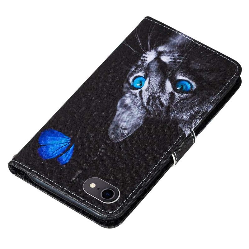 Leren Hoesje iPhone 7 / 8 / SE 2 Telefoonhoesje Kat En Blauwe Vlinder
