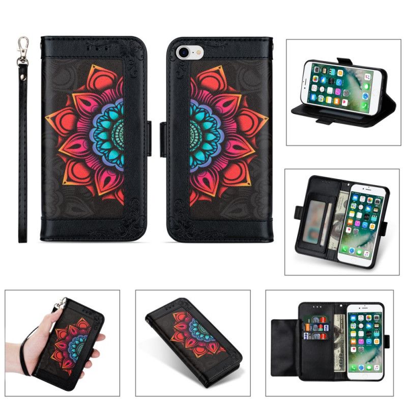 Leren Hoesje iPhone 7 / 8 / SE 2 Wit Zwart Mandala-Versiering Met String