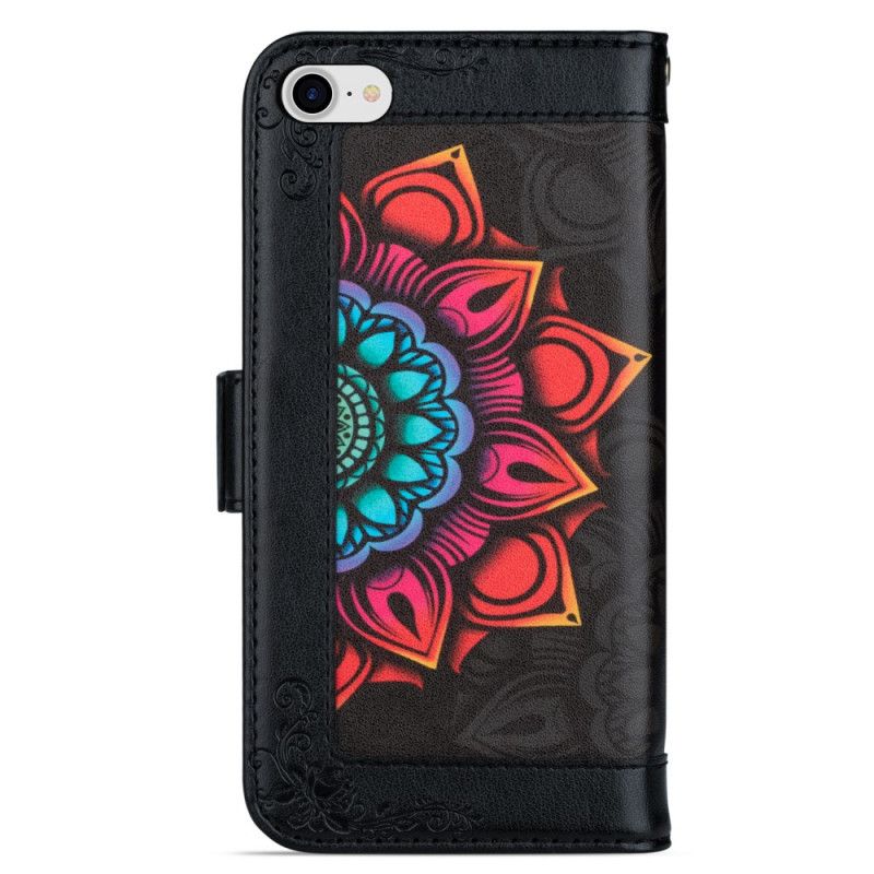 Leren Hoesje iPhone 7 / 8 / SE 2 Wit Zwart Mandala-Versiering Met String