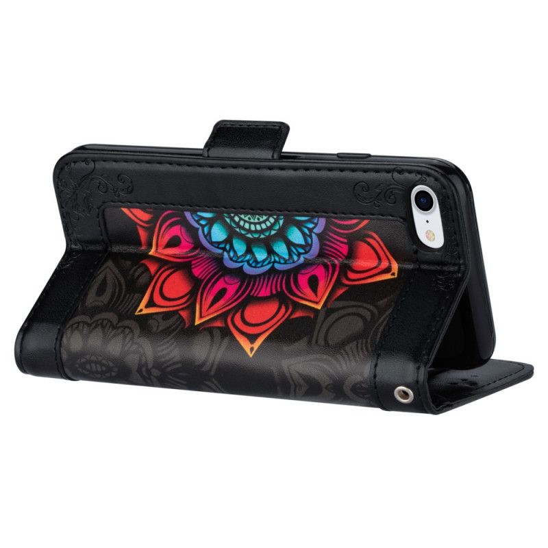 Leren Hoesje iPhone 7 / 8 / SE 2 Wit Zwart Mandala-Versiering Met String