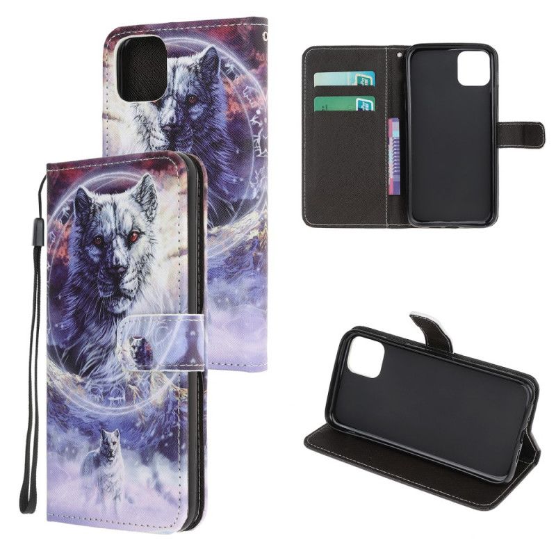 Cover Folio-hoesje iPhone 12 Mini Telefoonhoesje Wolf In De Winter Met String