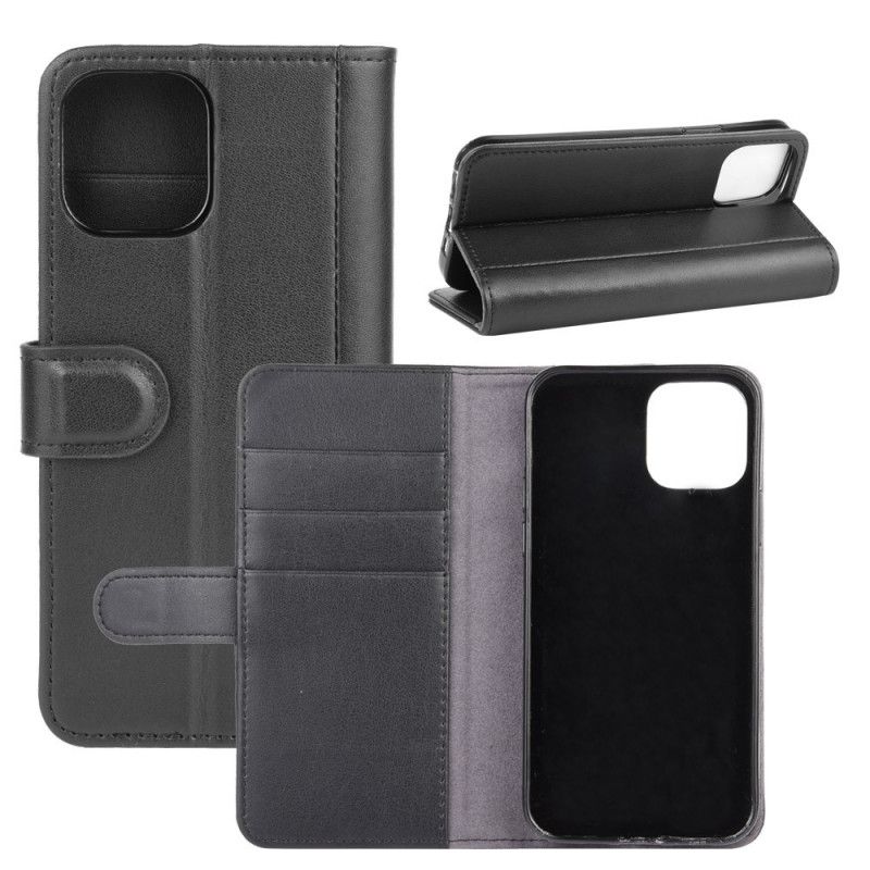 Flip Case Leren iPhone 12 Mini Bruin Zwart Echt Leer