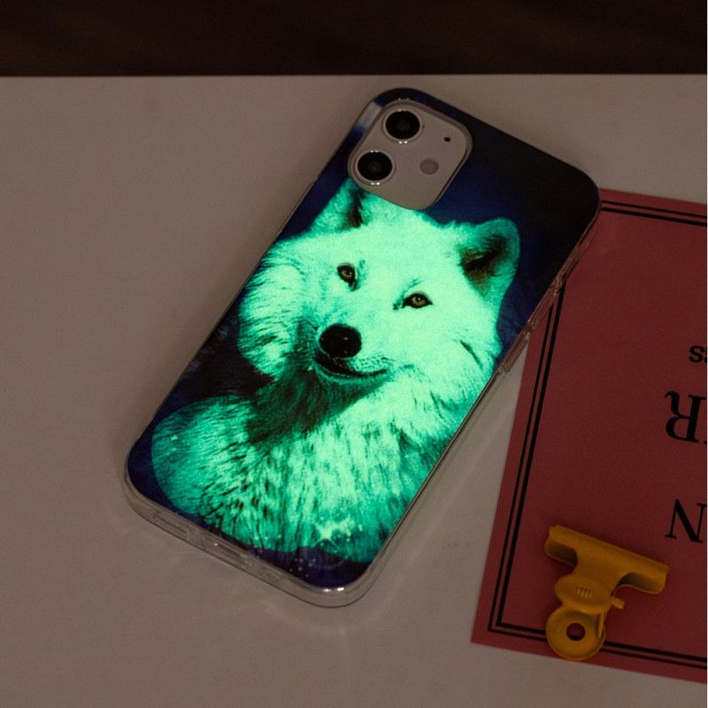 Hoesje iPhone 12 Mini Donkerblauw Zwart Serie Fluorescerende Wolven