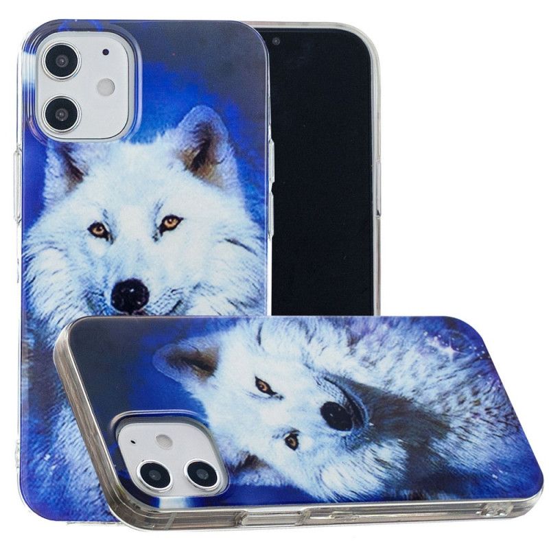 Hoesje iPhone 12 Mini Donkerblauw Zwart Serie Fluorescerende Wolven