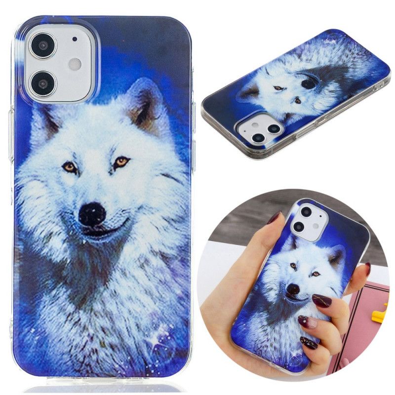 Hoesje iPhone 12 Mini Donkerblauw Zwart Serie Fluorescerende Wolven