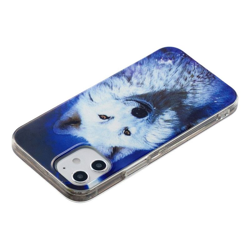 Hoesje iPhone 12 Mini Donkerblauw Zwart Serie Fluorescerende Wolven