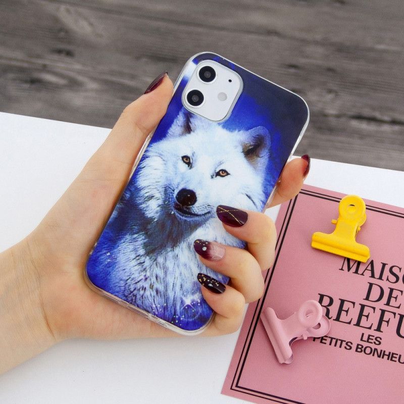 Hoesje iPhone 12 Mini Donkerblauw Zwart Serie Fluorescerende Wolven