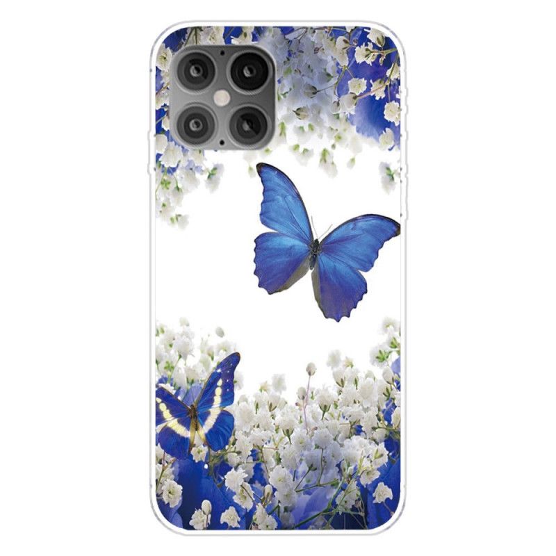 Hoesje iPhone 12 Mini Goud Donkerblauw Vlinders