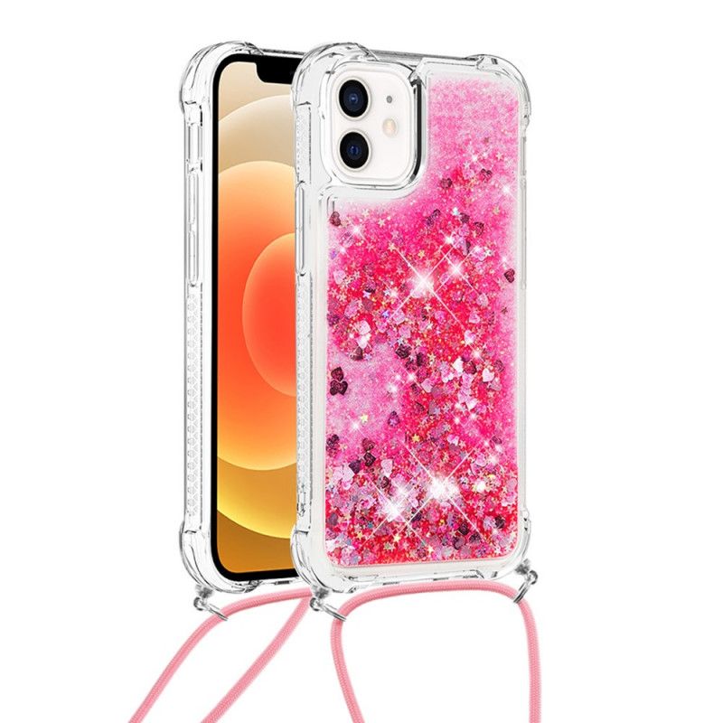 Hoesje iPhone 12 Mini Roze Magenta Pailletten En Koord