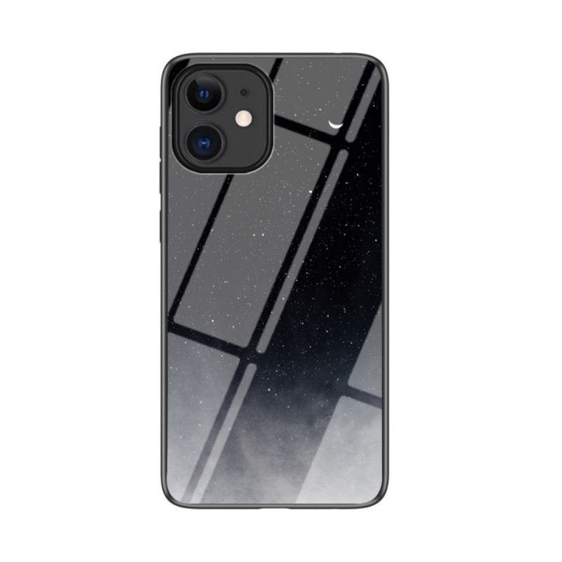 Hoesje voor iPhone 12 Mini Grijs Zwart Sterrenhemel Gehard Glas