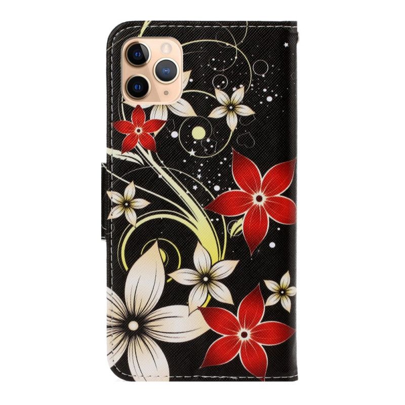 Leren Hoesje iPhone 12 Mini Grijs Zwart Kleurrijke Bloemen Met Een String