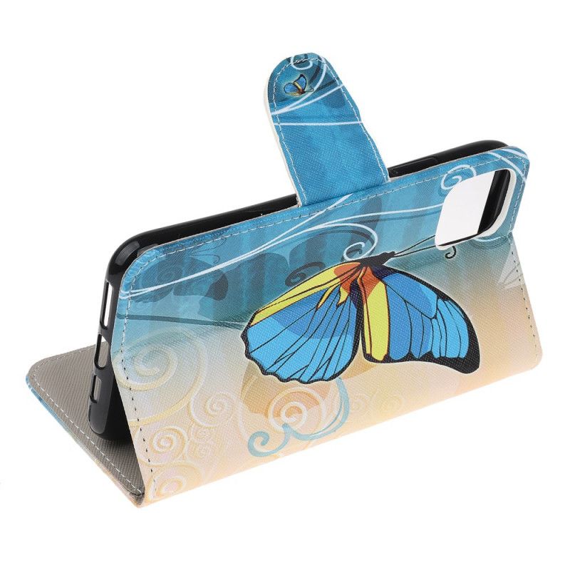 Leren Hoesje iPhone 12 Mini Paars Lichtblauw Kleurrijke Vlinder