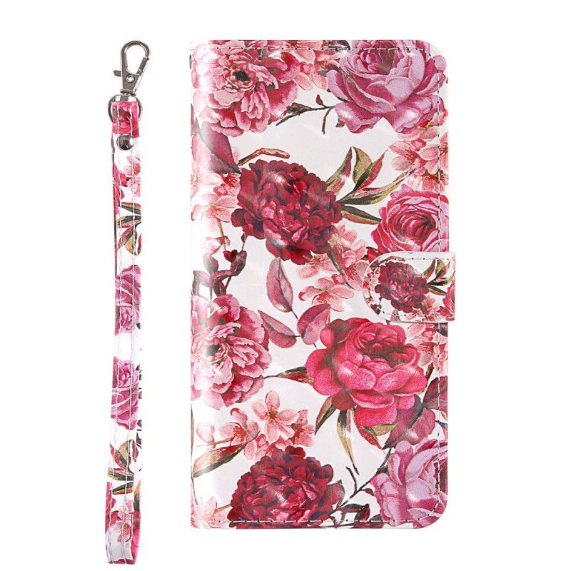 Leren Hoesje iPhone 12 Mini Rood Wit Lichtvlekjes Bloemen Met Riempje