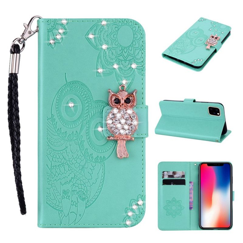 Leren Hoesje voor iPhone 12 Mini Groen Magenta Uilenmandala En Bedel